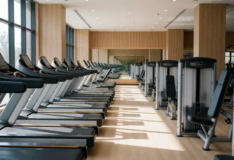 Empty modern fitness center featuring exercise equipment, hardwood floors, and bright sunlight streaming through large windows.