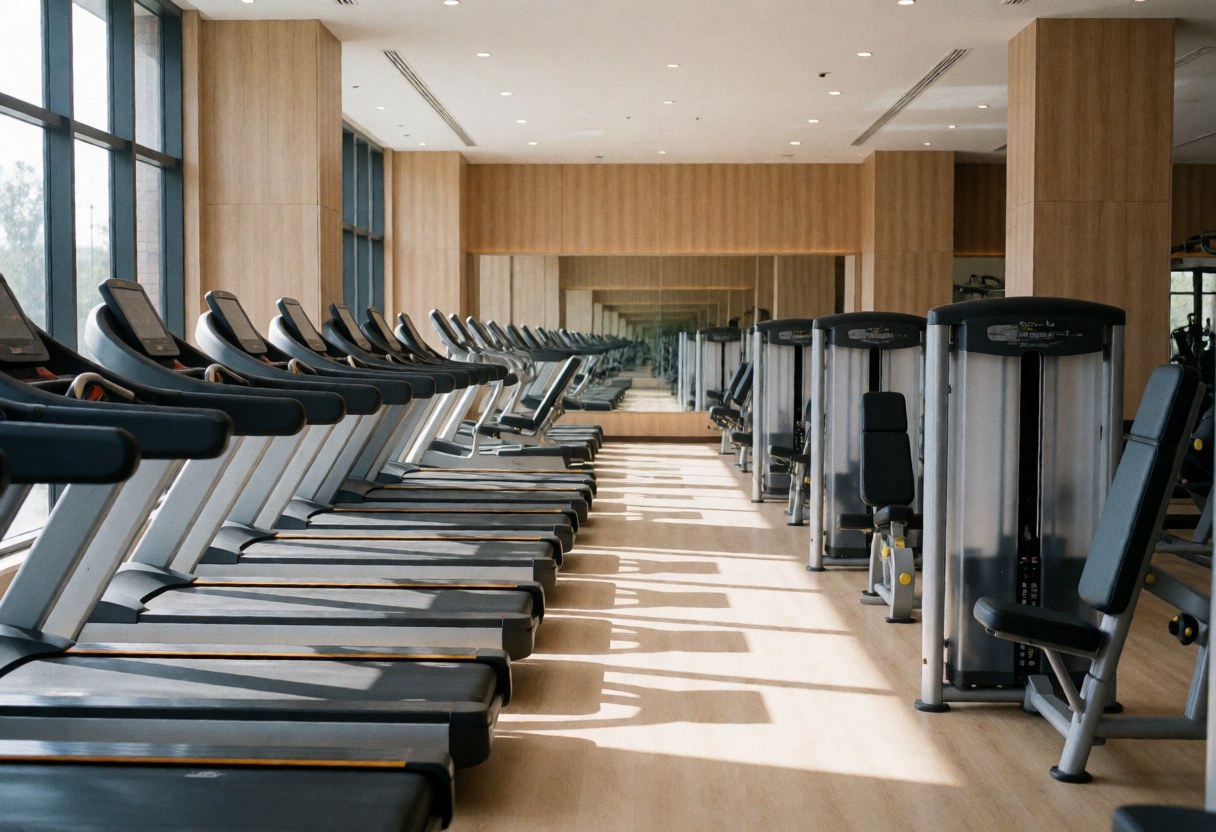 Empty modern fitness center featuring exercise equipment, hardwood floors, and bright sunlight streaming through large windows.