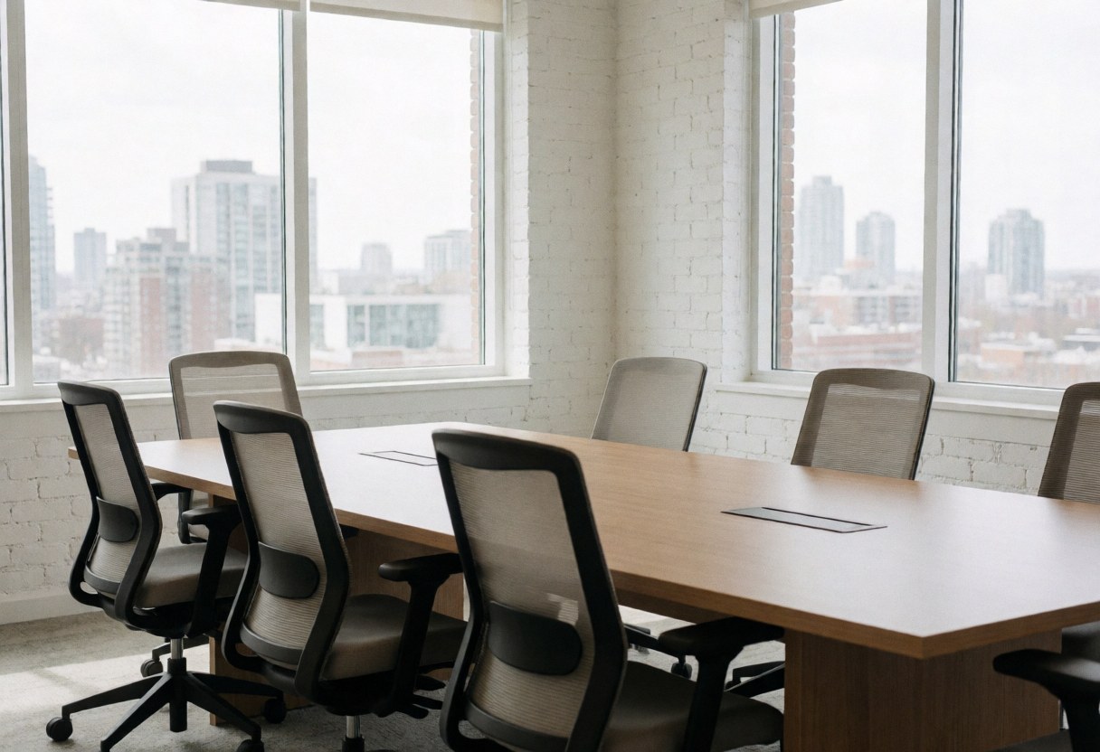 Professional meeting room featuring a long wooden table, ergonomic chairs, white brick walls, and large windows overlooking the city, ideal for business meetings.