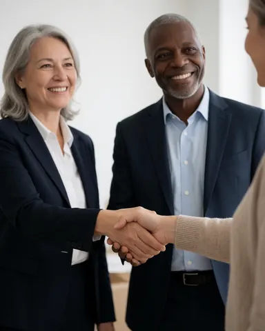 Two professionals in formal suits shake hands with a client in an office, smiling against a white wall to show trust and collaboration.