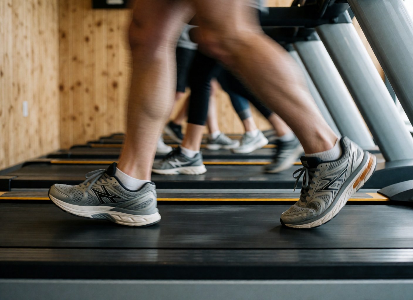 Feet in athletic shoes running on a gym treadmill with blurred wooden walls and energetic atmosphere