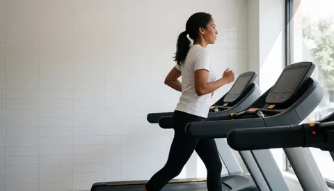 A woman running on a treadmill in a clean, modern gym with white walls and natural light, featuring ample copy space for text overlay.