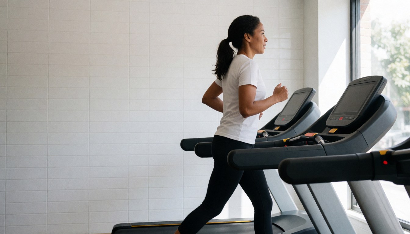 A woman running on a treadmill in a clean, modern gym with white walls and natural light, featuring ample copy space for text overlay.