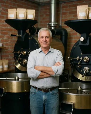 An older man smiles with arms crossed in front of large coffee roasting machines, red brick walls, and bags of green coffee beans in a professional and cozy setting.