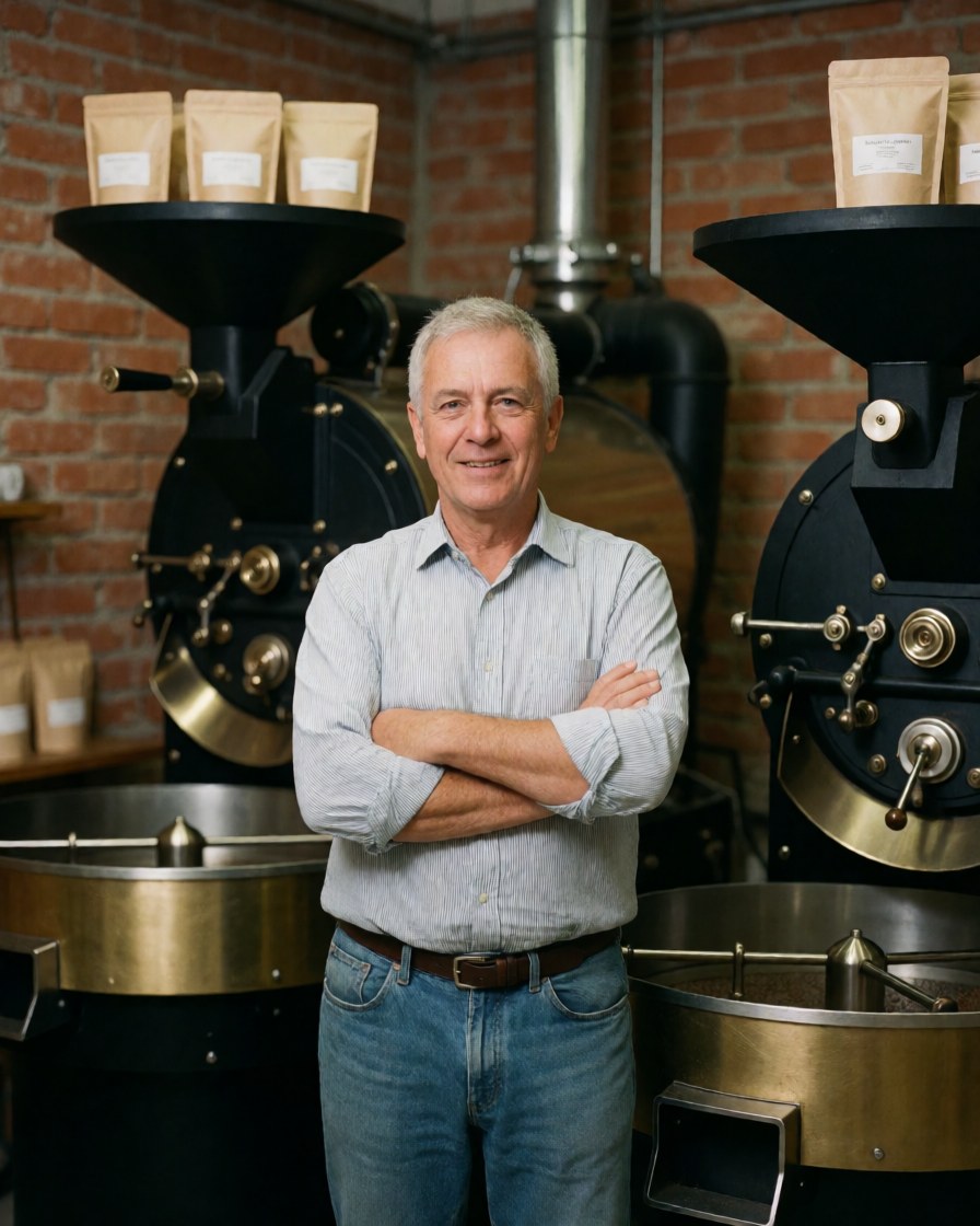 An older man smiles with arms crossed in front of large coffee roasting machines, red brick walls, and bags of green coffee beans in a professional and cozy setting.