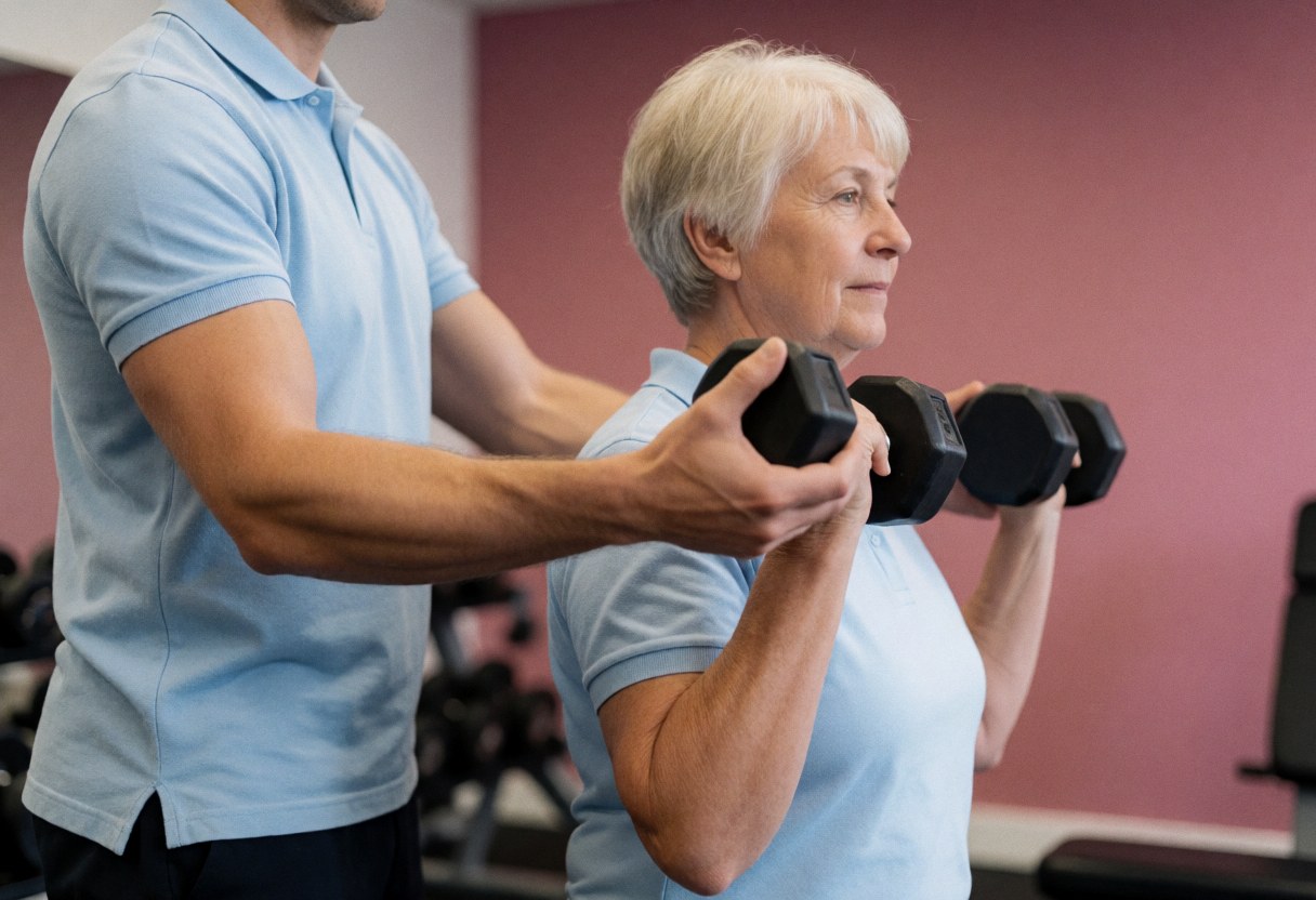 A fitness trainer helps an older client lift dumbbells during a gym session with natural light and a pink wall background.