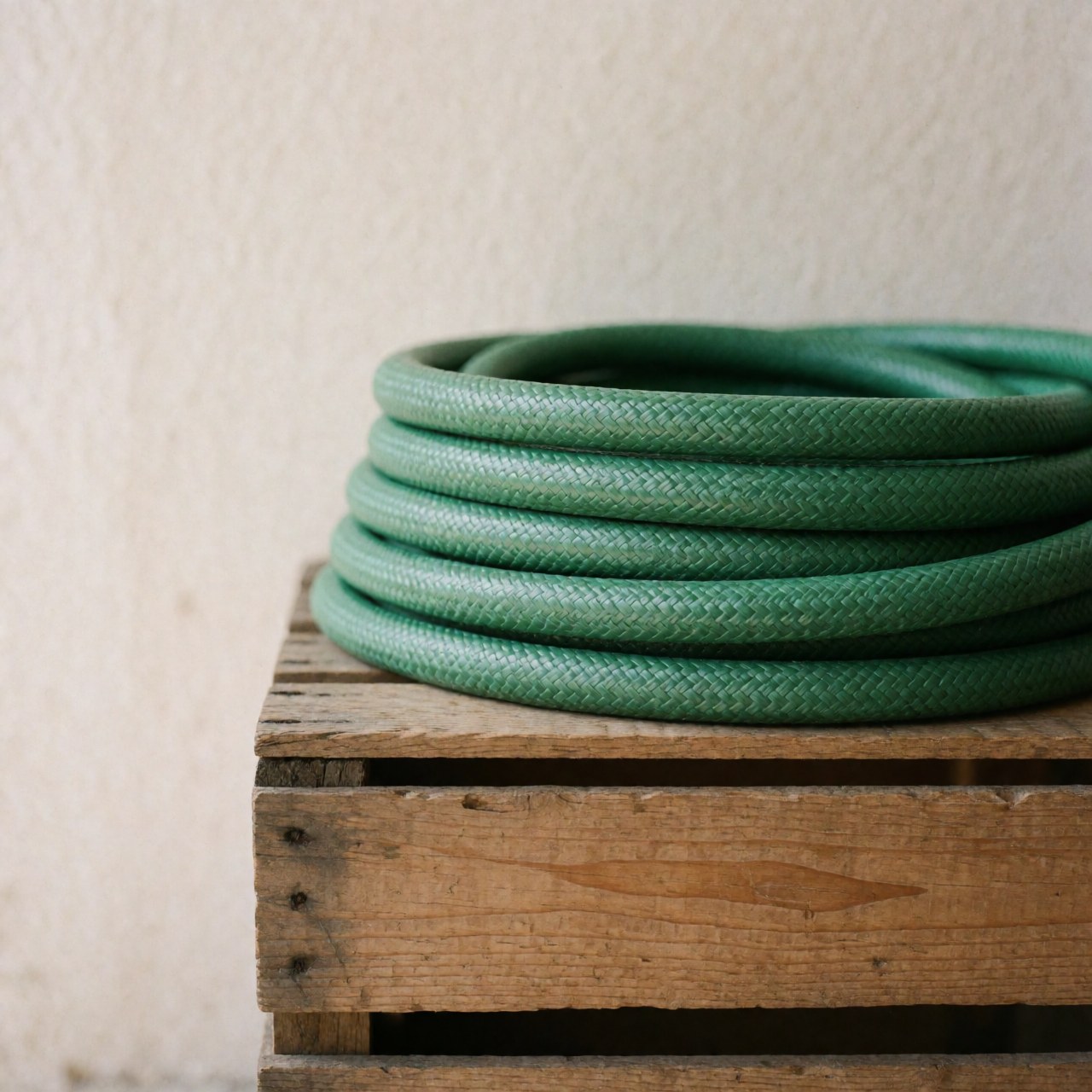 Coiled green garden hose resting on a weathered wooden crate in an outdoor setting, suitable for hardware store product displays