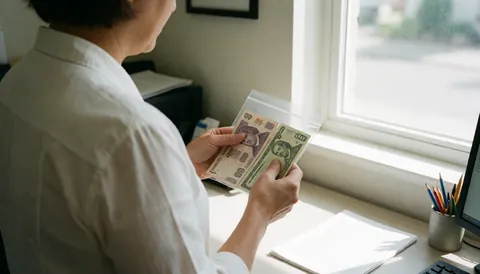 Travel agent at a desk reviewing Mexican pesos and Canadian dollars in a plastic bag near a window with natural light