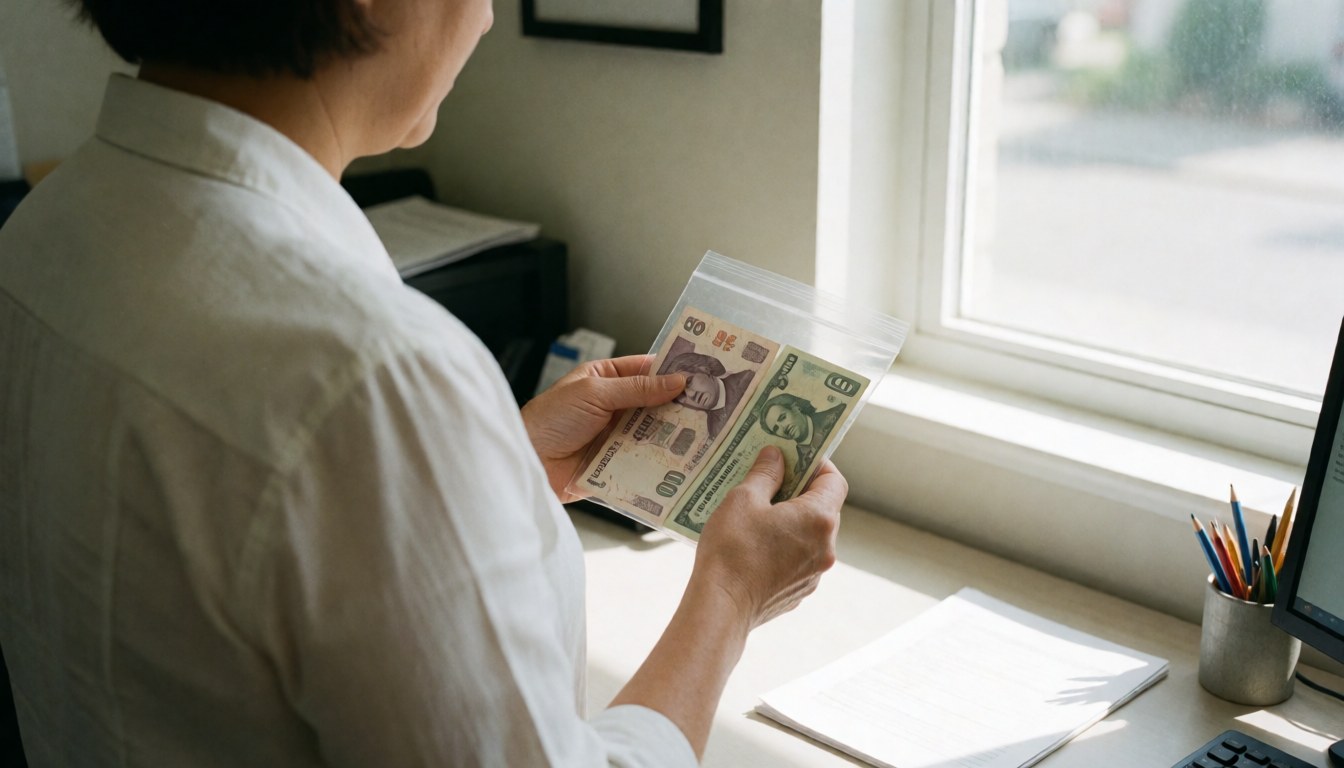 Travel agent at a desk reviewing Mexican pesos and Canadian dollars in a plastic bag near a window with natural light