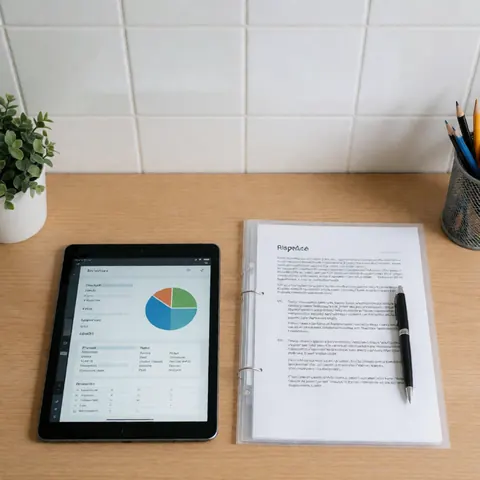 A wooden desk featuring a digital tablet, printed documents, and a pen against a white tiled wall, suitable for field work product use
