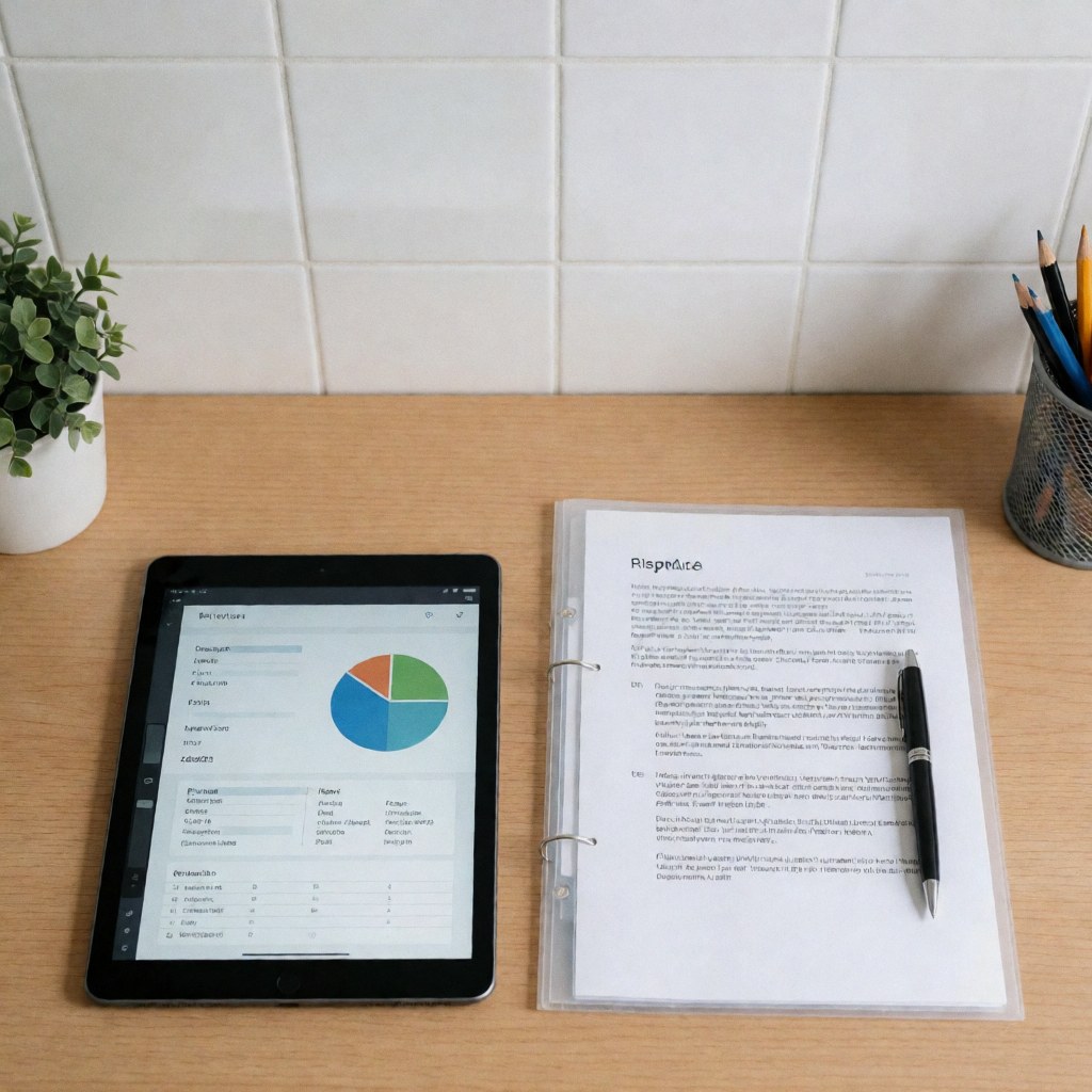 A wooden desk featuring a digital tablet, printed documents, and a pen against a white tiled wall, suitable for field work product use