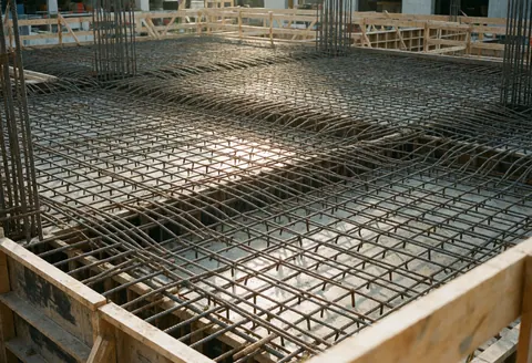An empty construction site featuring exposed steel rebar and wooden formwork, illuminated by natural light, prepared for professional inspection and verification.