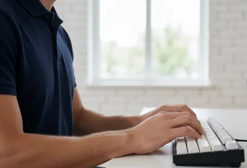 Developer typing code on a white mechanical keyboard in an office with white brick wall and natural light from window