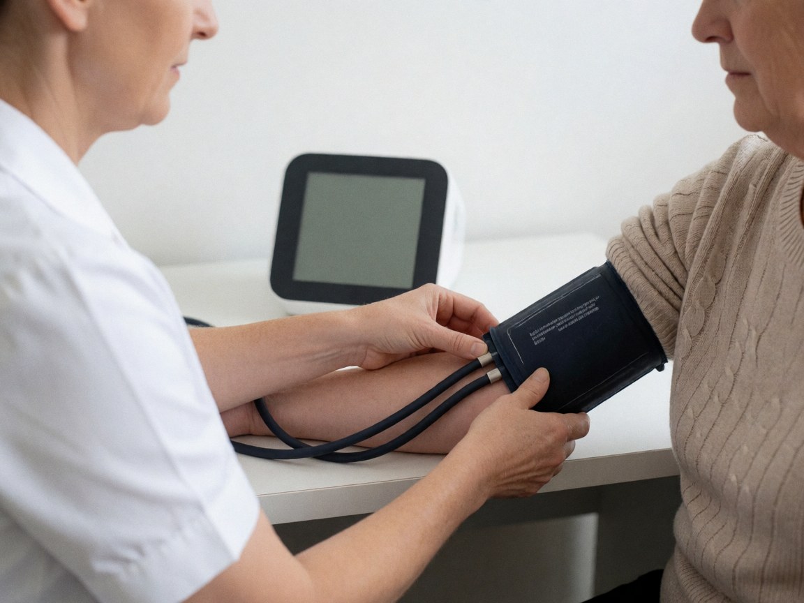 A nurse uses a digital monitor to measure a patient's blood pressure in a clean, well-lit medical clinic.