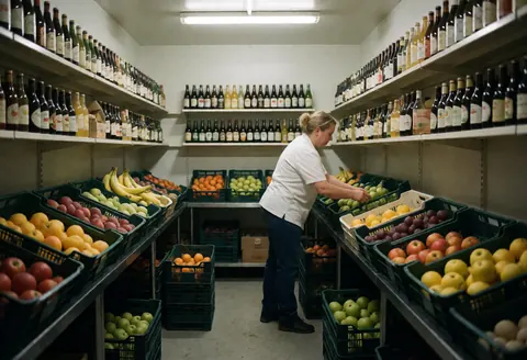 A staff member organizes boxes of fresh fruit on shelves filled with beverage bottles in a bar storage room with fluorescent lighting.