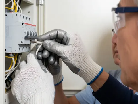 Electrician wearing safety gloves and glasses connecting a white wire to a switch in a distribution box.