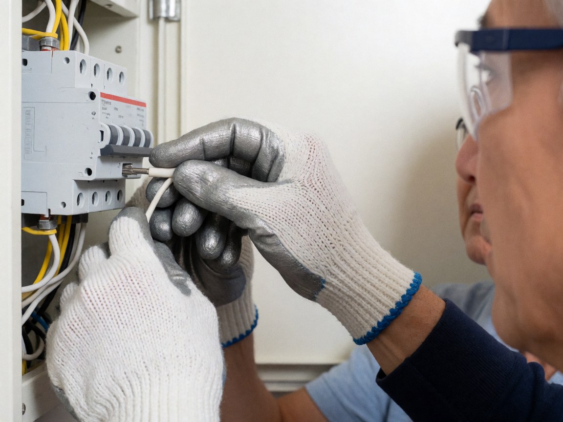 Electrician wearing safety gloves and glasses connecting a white wire to a switch in a distribution box.