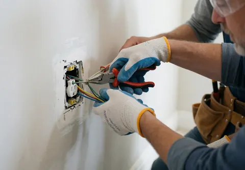 Electrician wearing gloves and safety glasses connecting wires in a freshly painted wall outlet with tools on belt