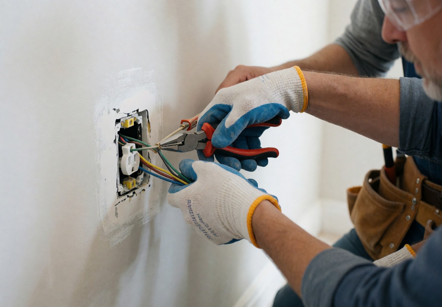 Electrician wearing gloves and safety glasses connecting wires in a freshly painted wall outlet with tools on belt