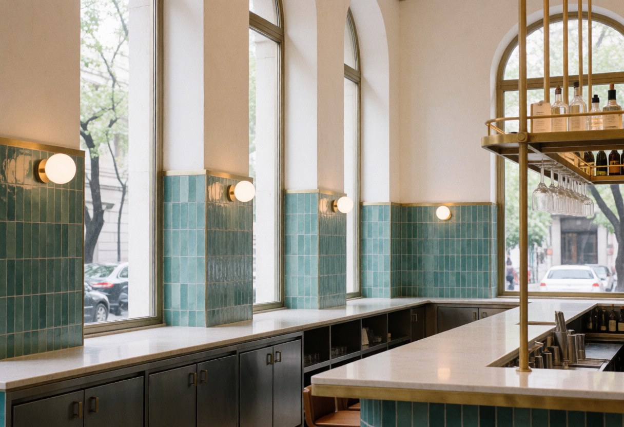 Modern bar interior featuring turquoise tiles, bronze details, large windows, clean bar counter, warm lighting, and elegant atmosphere without people.