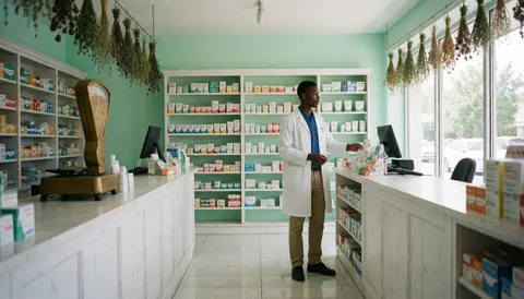 A tidy pharmacy counter with shelves of medications, a scale, and dried herbs in a quiet neighborhood setting