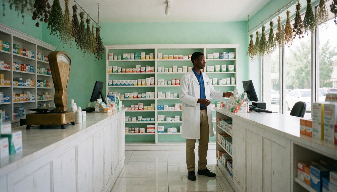 A tidy pharmacy counter with shelves of medications, a scale, and dried herbs in a quiet neighborhood setting