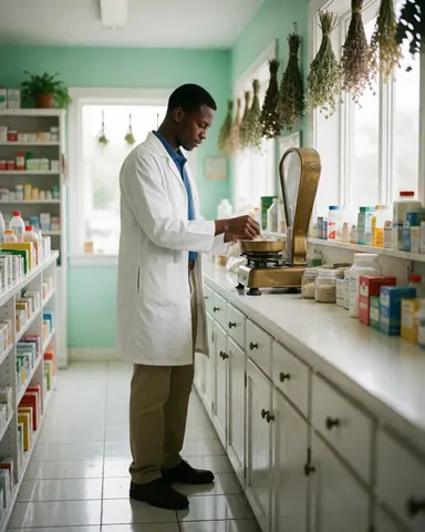 A pharmacist weighing dried herbs on a bronze scale in a pharmacy with green walls, white counters, and product shelves.
