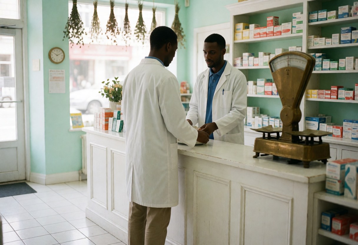 A pharmacist stands behind the counter helping a customer with their medication and answering questions in a pharmacy setting