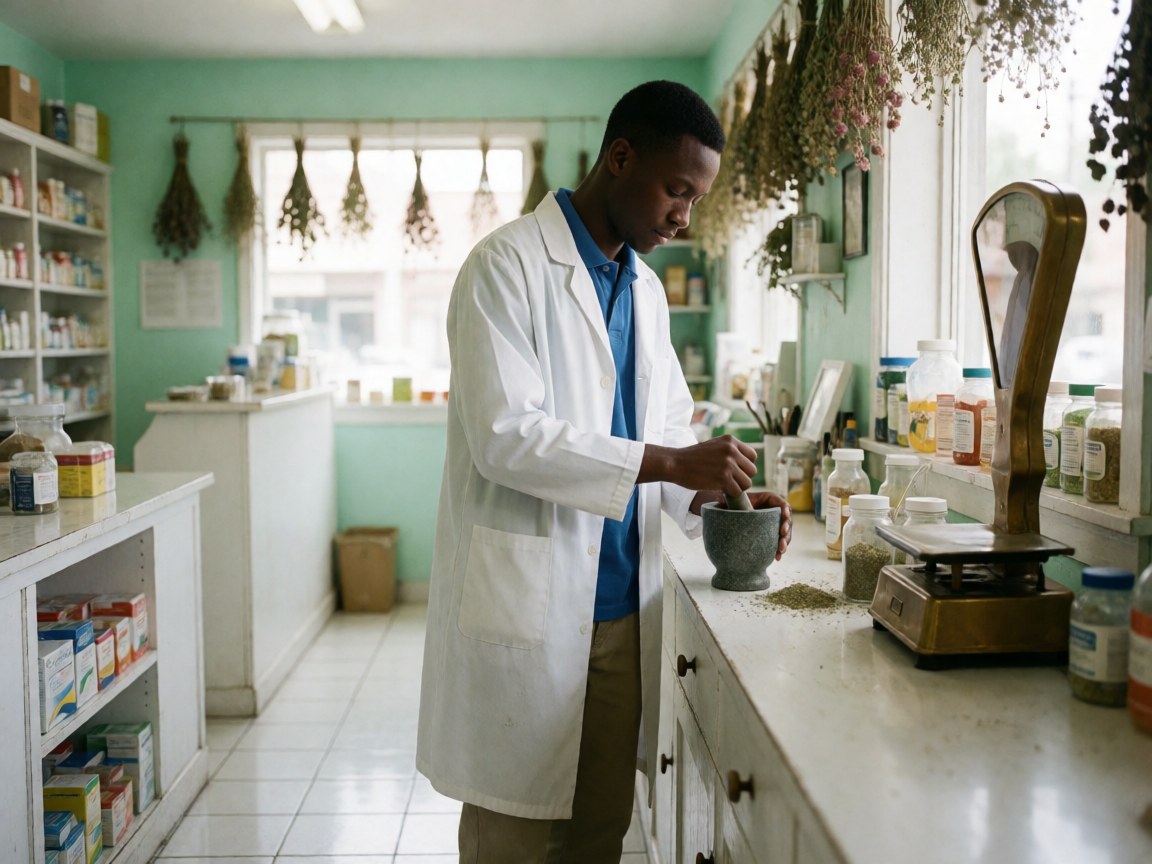 A pharmacist grinding dried herbs in a stone mortar within a clean pharmacy setting featuring green walls and natural light.