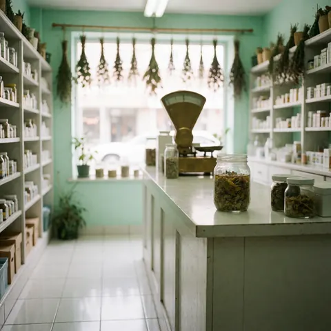 A glass jar containing natural herbal remedy sits on a wooden pharmacy counter near a window, with shelves and scales in the background