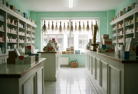 A clean and organized pharmacy interior featuring a service counter, shelves with bottles and boxes, and natural light from a window.