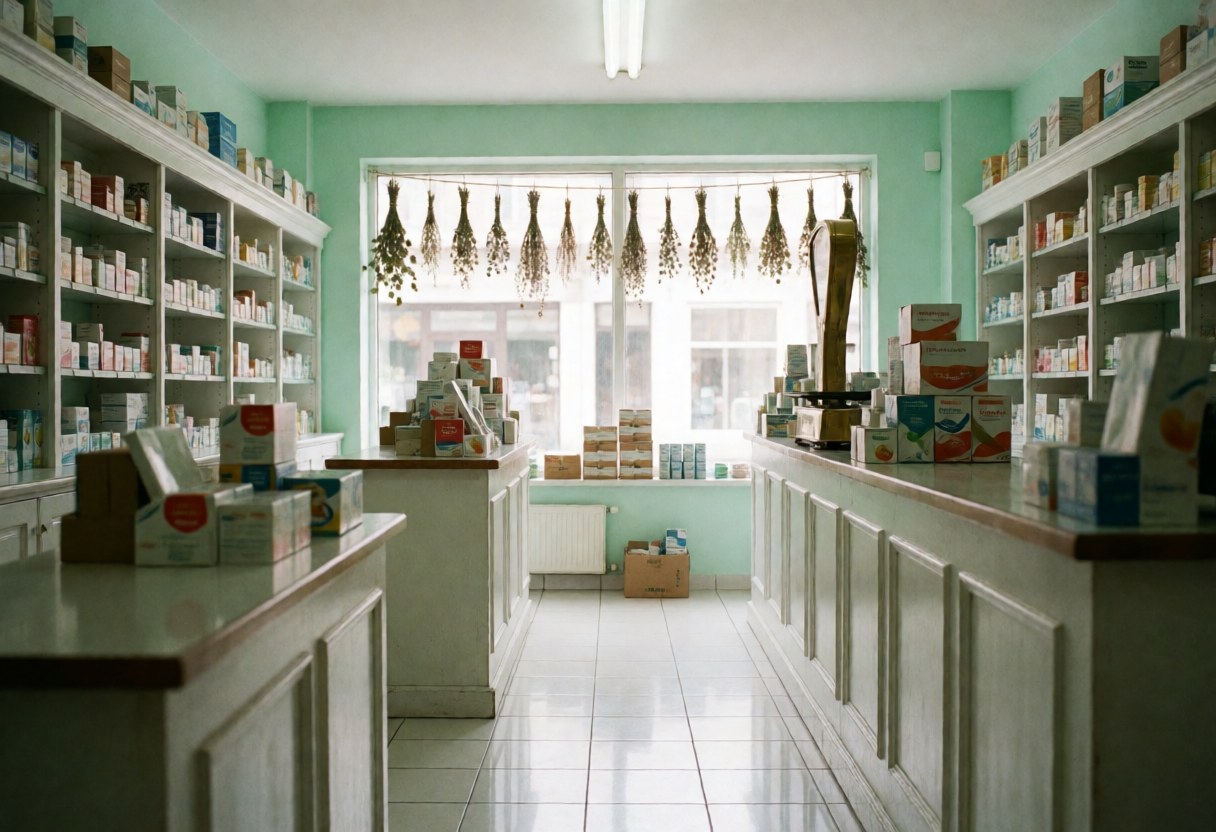 A clean and organized pharmacy interior featuring a service counter, shelves with bottles and boxes, and natural light from a window.