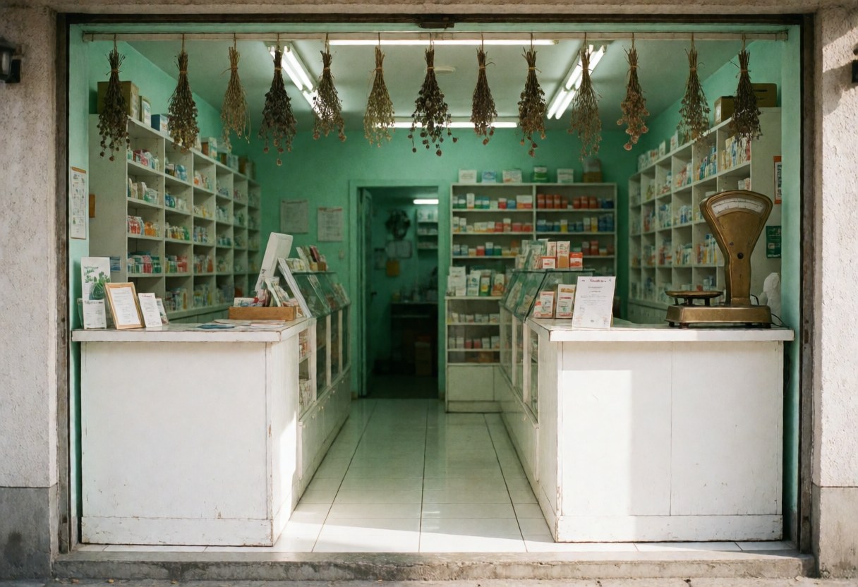 Clean pharmacy interior featuring mint walls, white floors, wooden counters, dried herbs, a bronze scale, medicine shelves, and bright natural light.