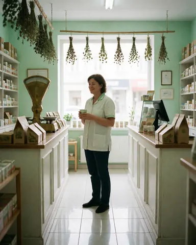 A satisfied customer holding a cup of tea inside a bright pharmacy with mint walls, white counters, hanging dried herbs, and natural light.