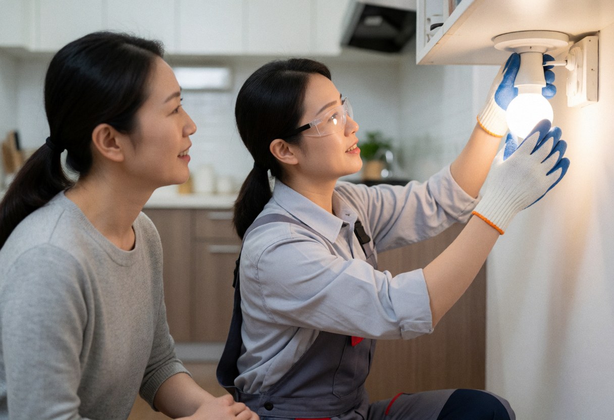 A female electrician installs a light bulb in a kitchen while a client watches, both wearing safety gear and smiling.