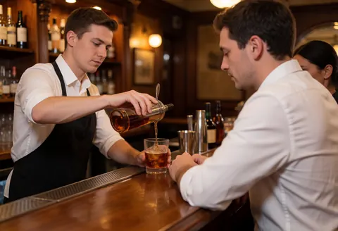 A bartender pours a cocktail into a glass at a wooden bar with warm lighting while a customer watches in an intimate setting