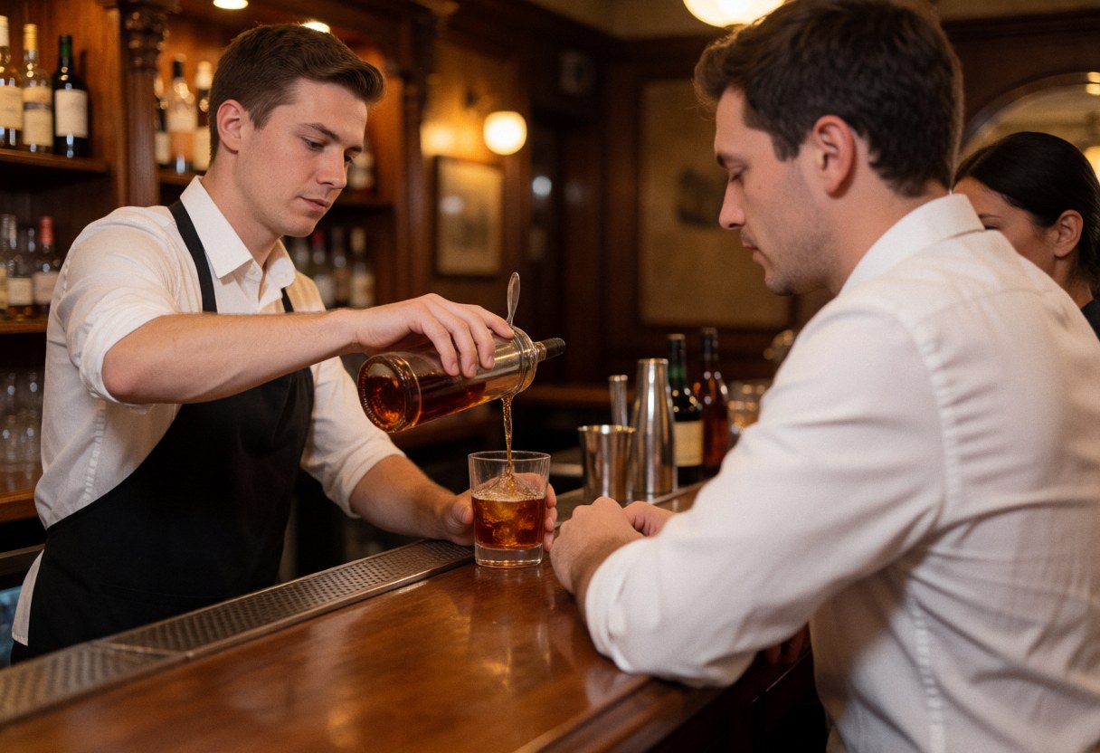 A bartender pours a cocktail into a glass at a wooden bar with warm lighting while a customer watches in an intimate setting