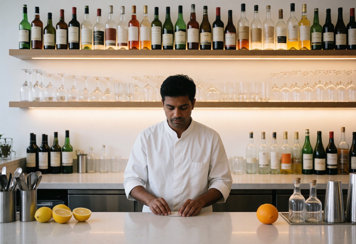 A bartender preparing a drink behind a bar counter with bottles, glasses, and citrus fruits in a warm, professional setting.