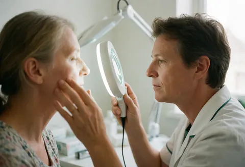 A skincare specialist uses a flashlight to examine a client's skin in a clean, professional clinic with soft lighting and a calm atmosphere.