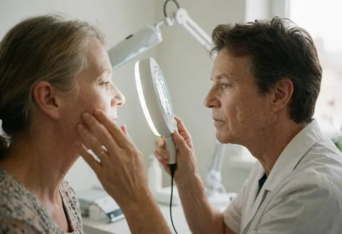 A skincare specialist uses a flashlight to examine a client's skin in a clean, professional clinic with soft lighting and a calm atmosphere.