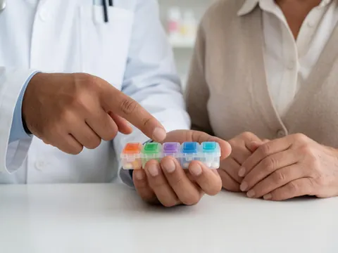 Pharmacist shows a senior customer how to use a pill organizer at the counter in a pharmacy.