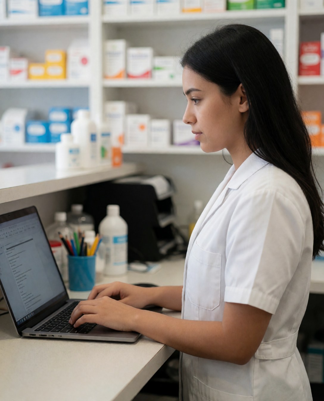 A young female pharmacist stands in a pharmacy using a laptop computer with shelves of medicine in the background