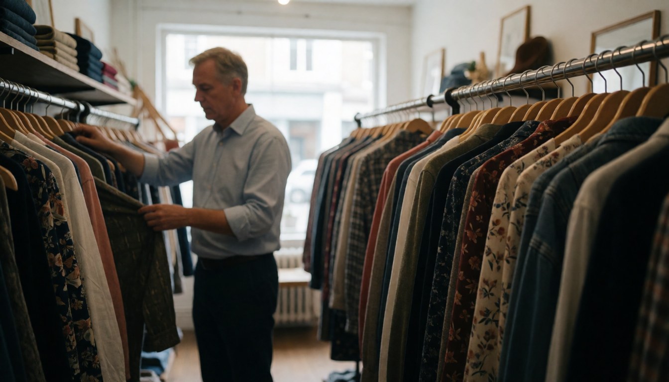 Interior view of a clothing boutique showing a customer browsing through racks of apparel in a well-lit retail space