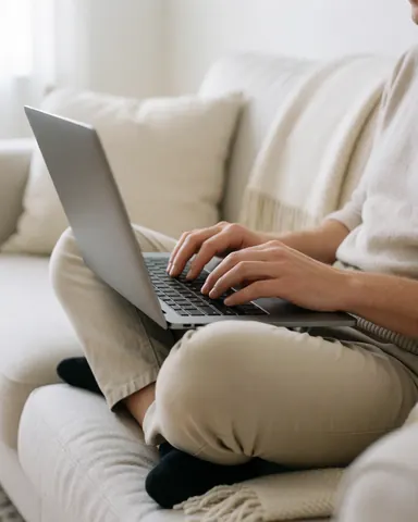 A person sitting on a cream sofa at home, using a laptop for remote work and video calls with natural light illuminating the scene