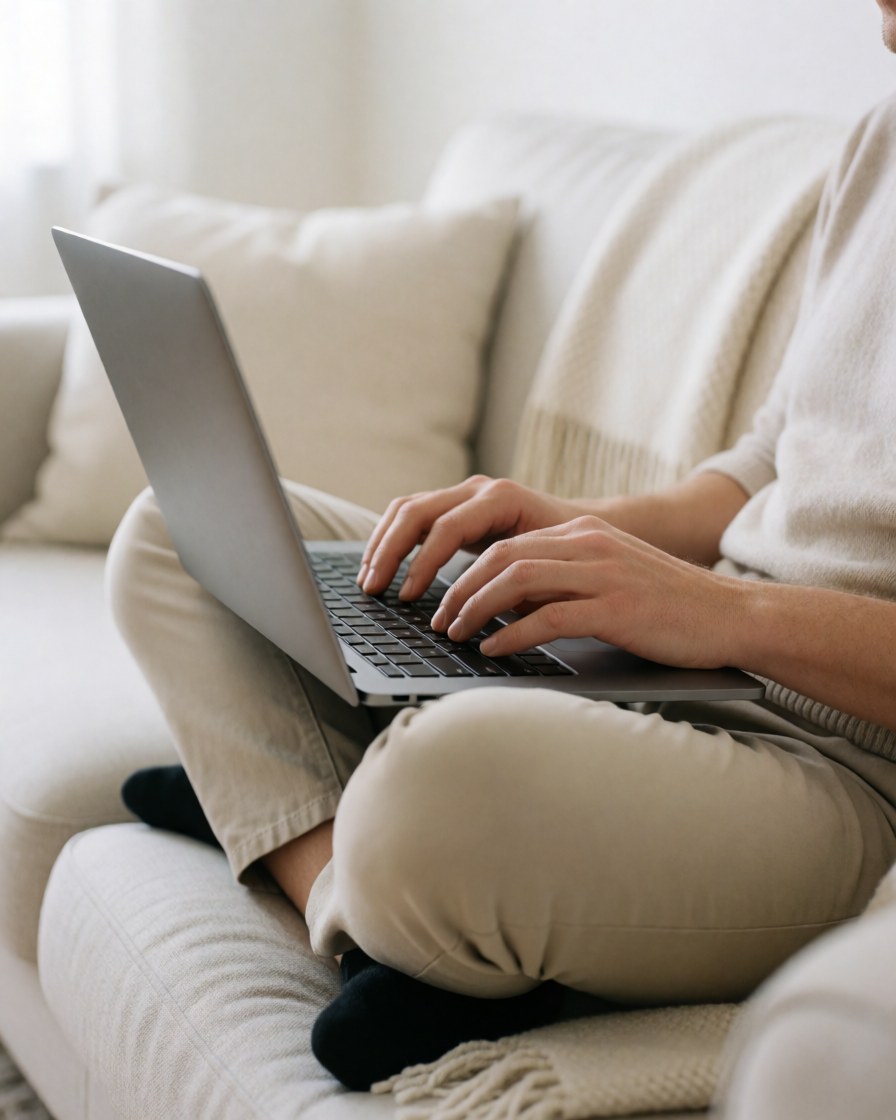 A person sitting on a cream sofa at home, using a laptop for remote work and video calls with natural light illuminating the scene