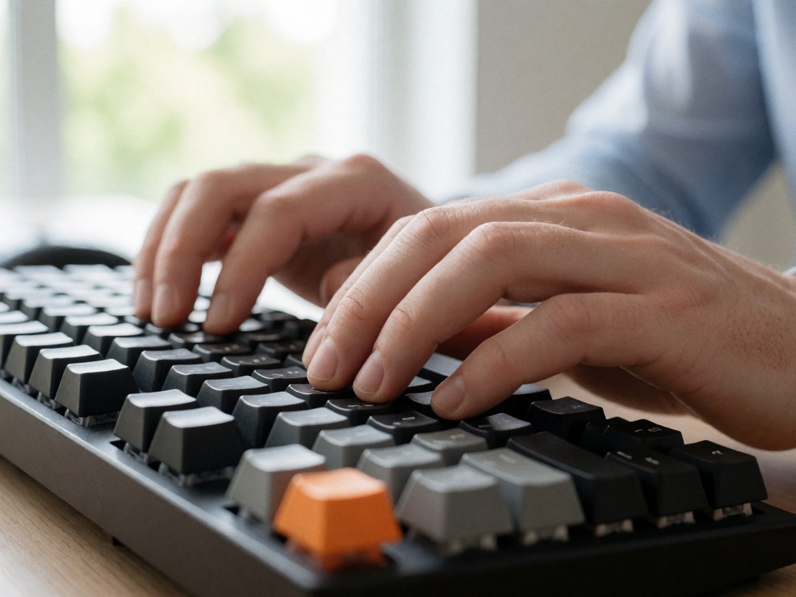 Close-up view of hands typing on a mechanical keyboard with a blurred office background, highlighting remote work and productivity.