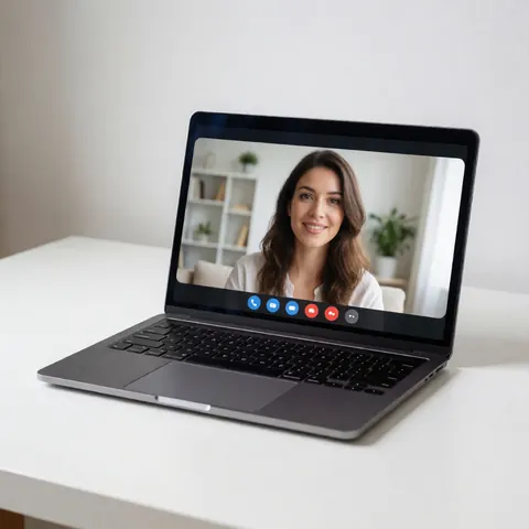 A modern laptop displaying a video conference on a clean white desk, ideal for remote work and professional virtual meetings