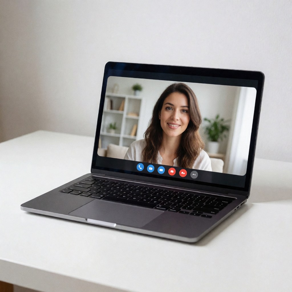 A modern laptop displaying a video conference on a clean white desk, ideal for remote work and professional virtual meetings