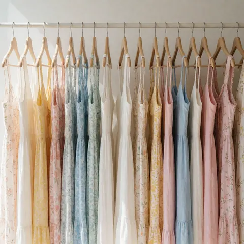 Pastel summer dresses hanging on wooden hangers against a white background with soft natural lighting for a clothing store