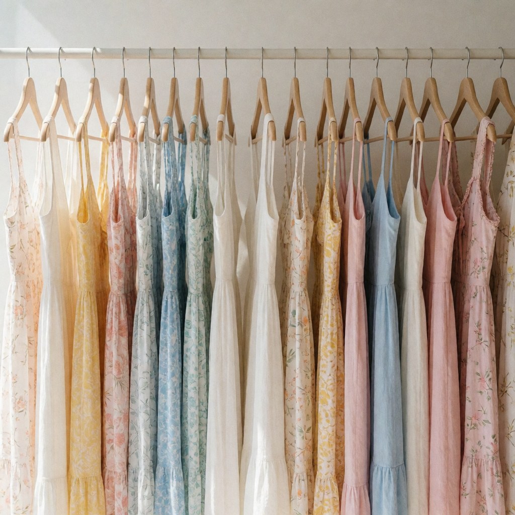 Pastel summer dresses hanging on wooden hangers against a white background with soft natural lighting for a clothing store